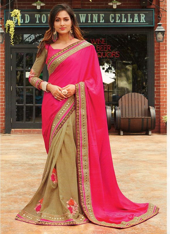 Cream Brass Saree with Pink Georgette Aachal  (with Blouse) - Unstitched Set