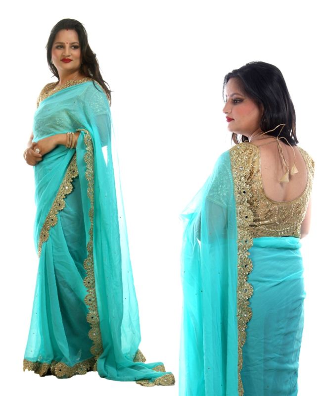 Blue Georgette Saree with Golden Zari Border (Included with Stitched Blouse)