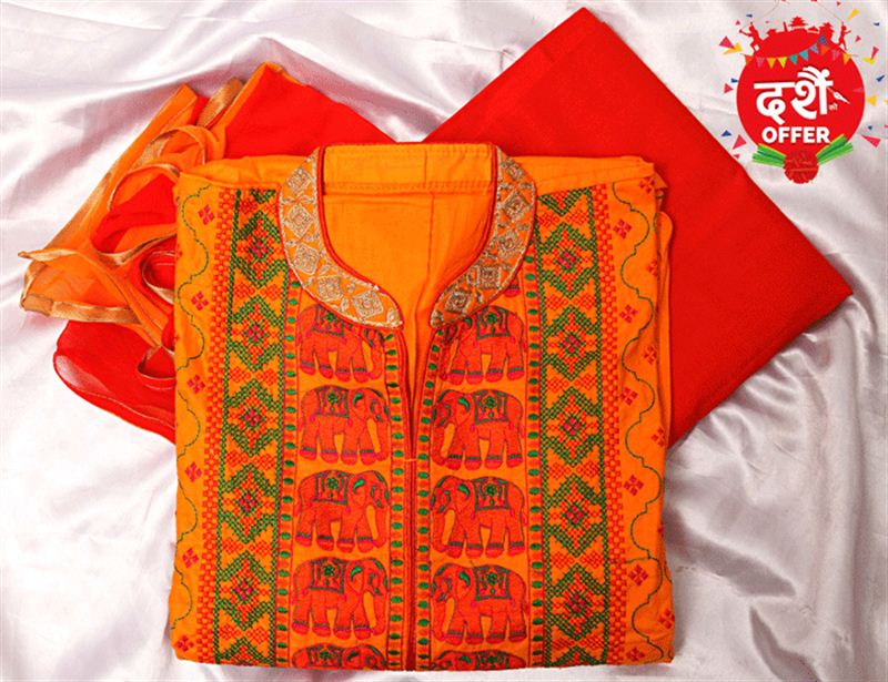 Orange Kurta Set with Rajasthani Prints (Unstitched Set)