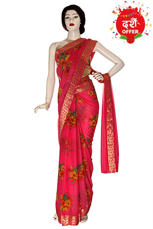 Pink Chiffon Saree with Flower Print (Unstitched)