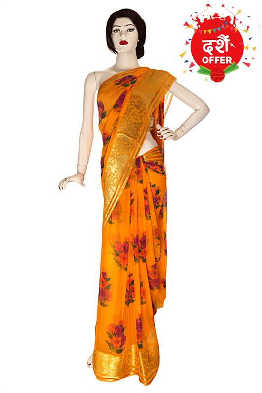 Yellow Chiffon Saree with Flower Print (Unstitched Set)