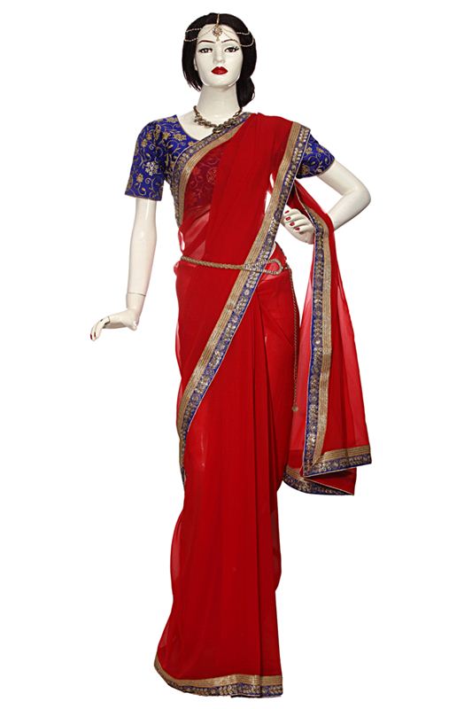 Red Georgette Saree with Blue Broader