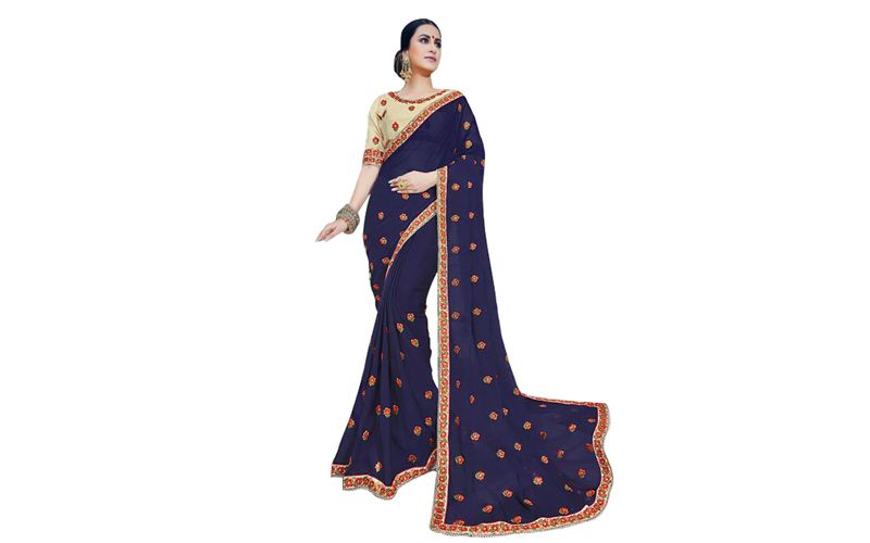 Blue Georgette Saree with Red and Green Threadwork (Unstitched Set)