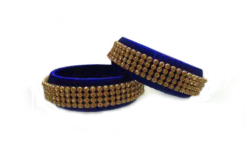 Blue Silk Thread Designer Bangle Set with Pearl-like Beads - KPCBangles6