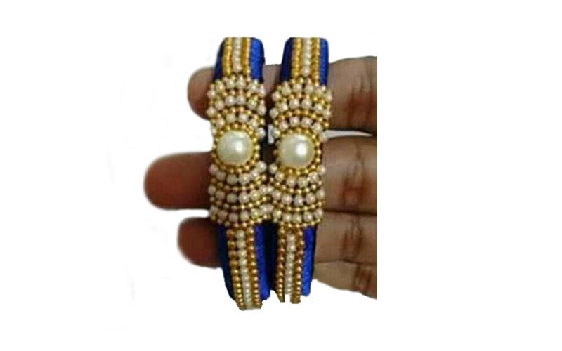 Blue Silk Thread Designer Bangle Set with Pearl-like Beads - KPCBangles8