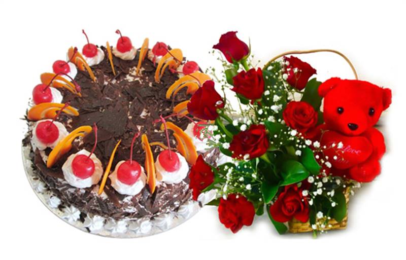 Black Forest Cake from Soaltee Crowne Plaza (1 kg) & Red Teddy Love from Bodhi Brikshya
