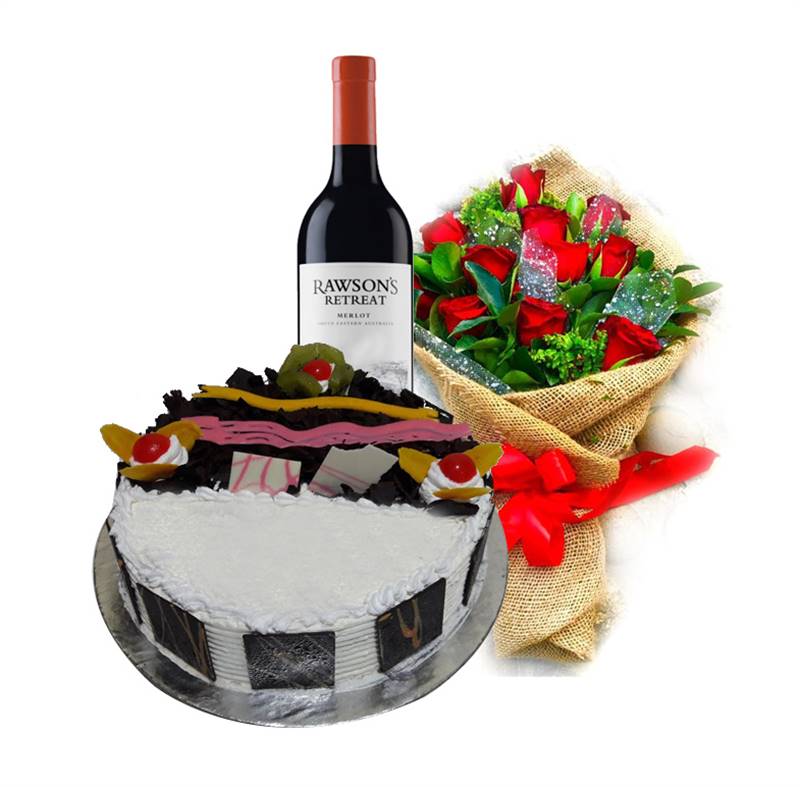 Black Forest Cake (1 kg) from Chef's with Wonderful World Rose Bouquet & Rawson's Retreat (Red Wine) 
