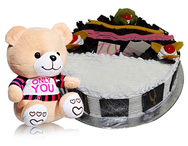 Black Forest Cake from Chefs (1 Kg) & Small Cream Colored Teddy Bear
