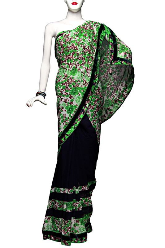 Light Green & Black Georgette Saree with Floral Print