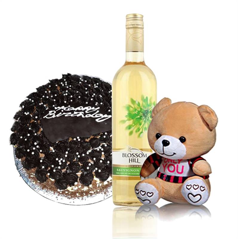 Blossom Hill Wine with Chocolate Truffle cake from Soaltee (1 KG) & Small Brown Teddy