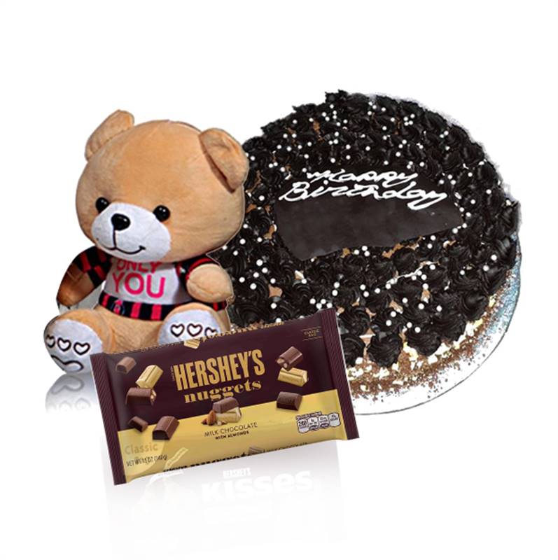 Chocolate Truffle Cake from Soaltee Crowne Plaza (1 KG) with Hershey's Kisses Almond Nuggets & Small Brown Teddy