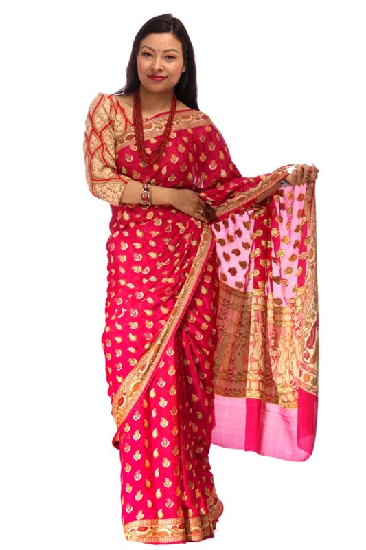 100% chinnon silk Saree with thread weaved patterns and border - SareeOYON-2