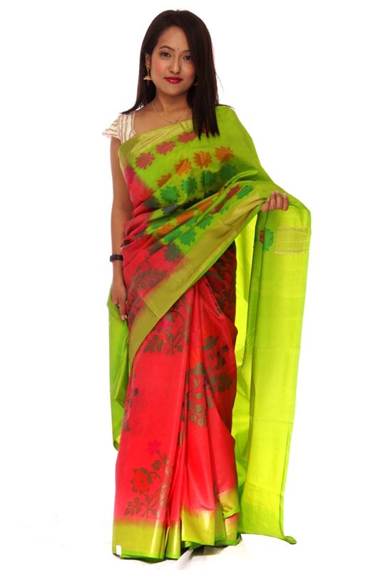 Raw silk Saree with thread weaved patterns and zari weaved border - SareeBDRY-3