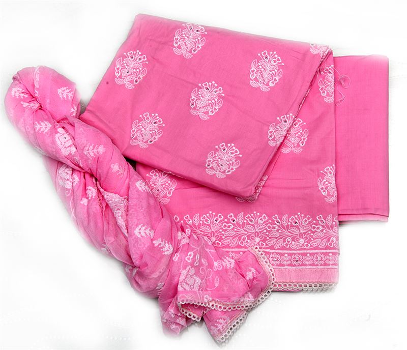 Cotton kurta with thread embroidery work all over. Plain cotton salwar and plain chiffon shawl with embroidery work - NivaKurta3-2