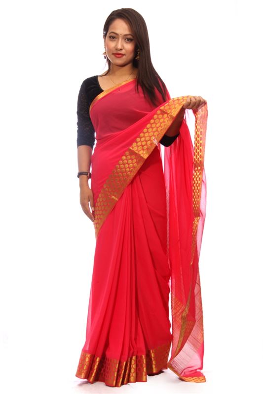 Plain Chiffon Sari with Golden Polka Dot & Zari Border - SareeNiva-03-A