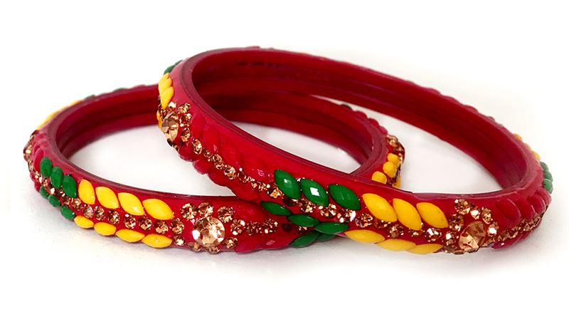 Red Bangles with Green and Yellow Artwork