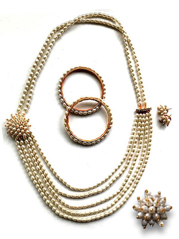Pearl Multi Layer Necklace with Bangles, Earrings and Ring
