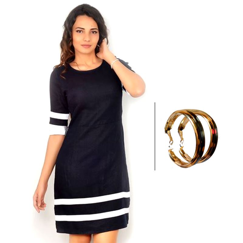 BJ Black Linen Dress with Contrast Bands and Korean Round Polka Dot Danglers