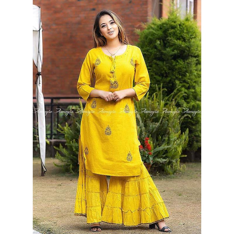 Mustard Kurti With Garara Set Send Mother S Day Gifts And Money To Nepal Online From Www Muncha Com