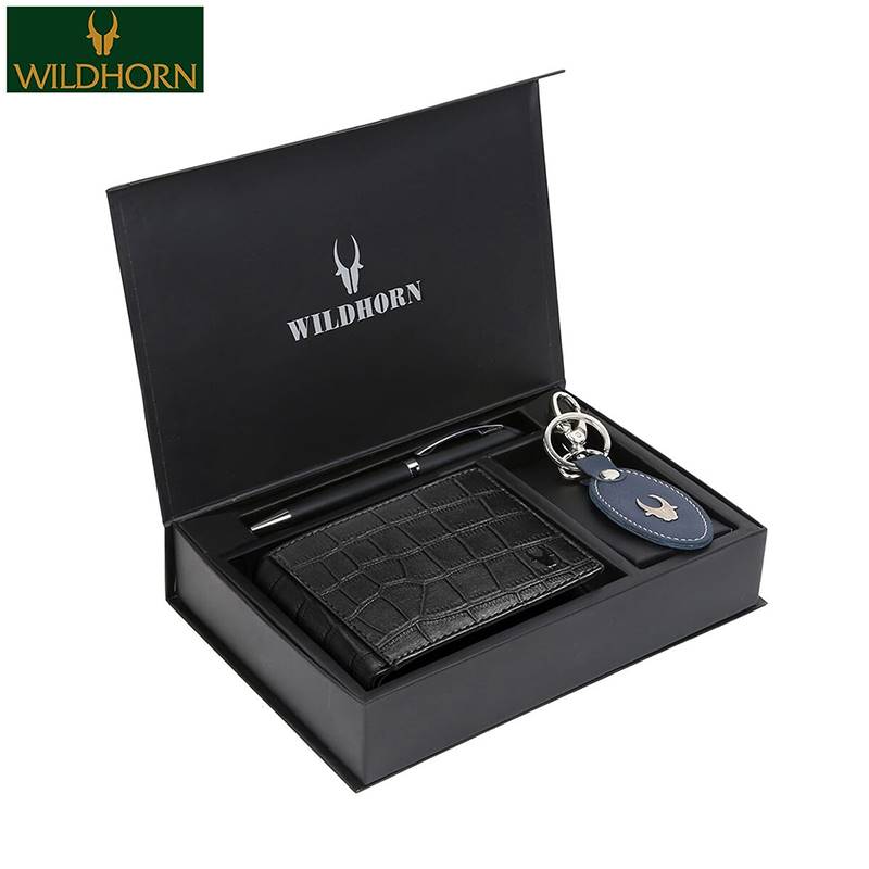 WildHorn Nepal Genuine Leather Wallet, Keyring and Pen (WHPWK1173BLACKCROCO2)