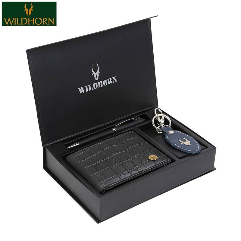 WildHorn Nepal Genuine Leather Wallet, Keyring and Pen (WHPWK2052BlkCroco)