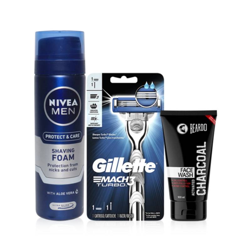 Gillette Turbo Razor with Nivea Shaving Foam & Beardo Facewash Send
