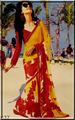 Floral saree in red and yellow with pattti in shower look in georjet.(caln21)