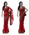 Red Georgette Sari With Mirror Work & Matching Blouse Piece