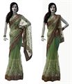 Parrot Green Net Thread Work Sari With Mirror Work Border & Matching Blouse Piece