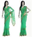 Parrot Green Georgette Sari With Golden Jari Work & Matching Blouse Piece