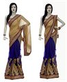 Royal Blue Net Sari With Golden Lycra Pallu & Golden Brocade Blouse Piece