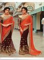 Chocolate Net Saree with Orange Brass Aachal (with Blouse) - Unstitched Set