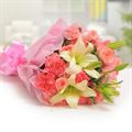 10 Pink Carnations, 5 Pink Roses and 2 Lilies with Pink Paper Packing by FNP