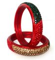 Red Bangle with Green & Golden Crystals