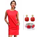BJ Red Sleeveless Linen Pencil Dress and Korean Red Bracelet and Korean New Fashion Earrings