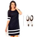 BJ Black Linen Dress with Contrast Bands and 3 Layer Golden And Silver Earrings