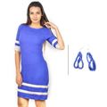 BJ Blue Linen Dress with Contrast Bands and Korean Purple Earrings
