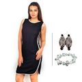 BJ Black Linen Dress with Contrast Piping and White Crystal Bracelet and Antique Earrings
