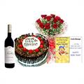 Black Forest Cake with Red Roses, Card and Wine